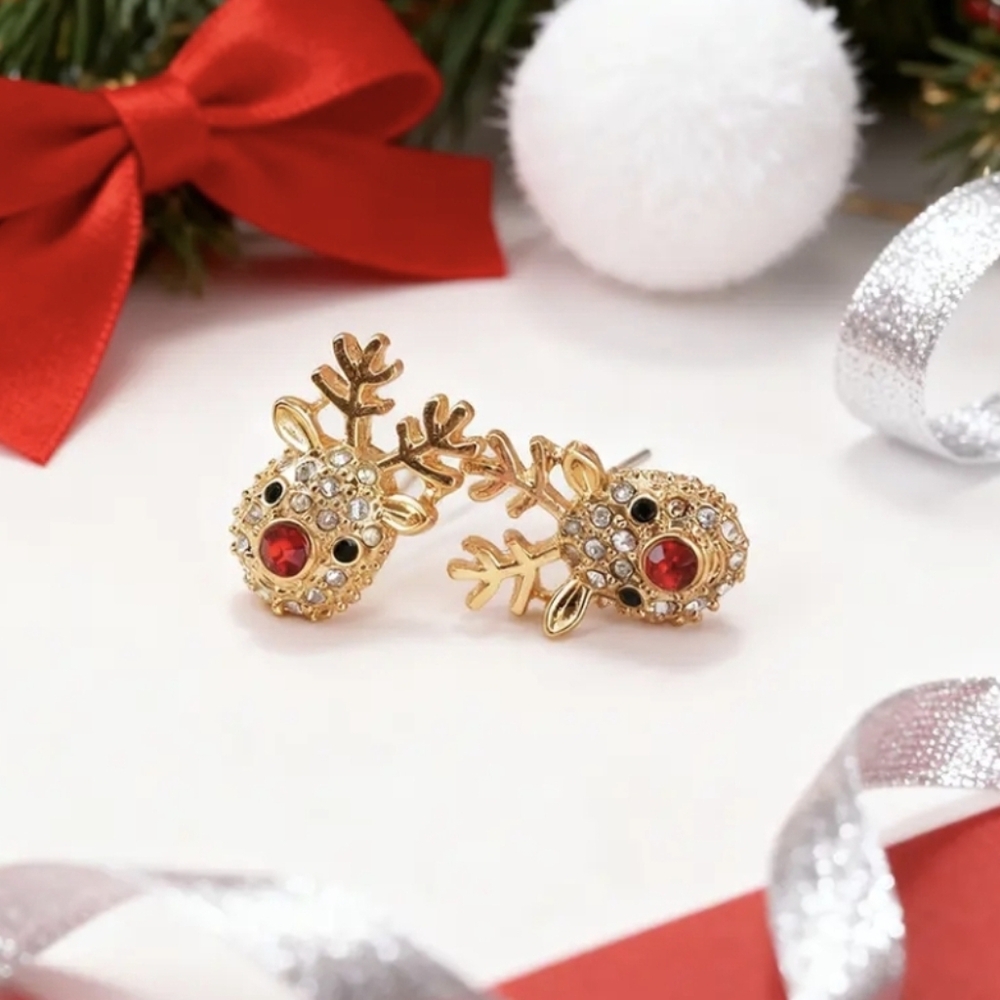Reindeer Rhinestone Earrings - Picture 2 of 10